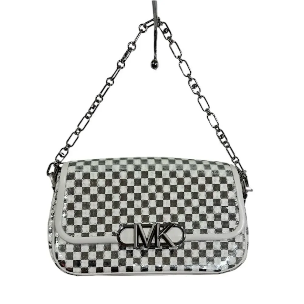 HTF MICHAEL KORS PARKER CHECK SILVER POUCHETTE CONVERTIBLE SHOULDER BAG NWT - Picture 2 of 13